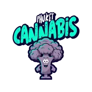 Cartoon cannabis character with text